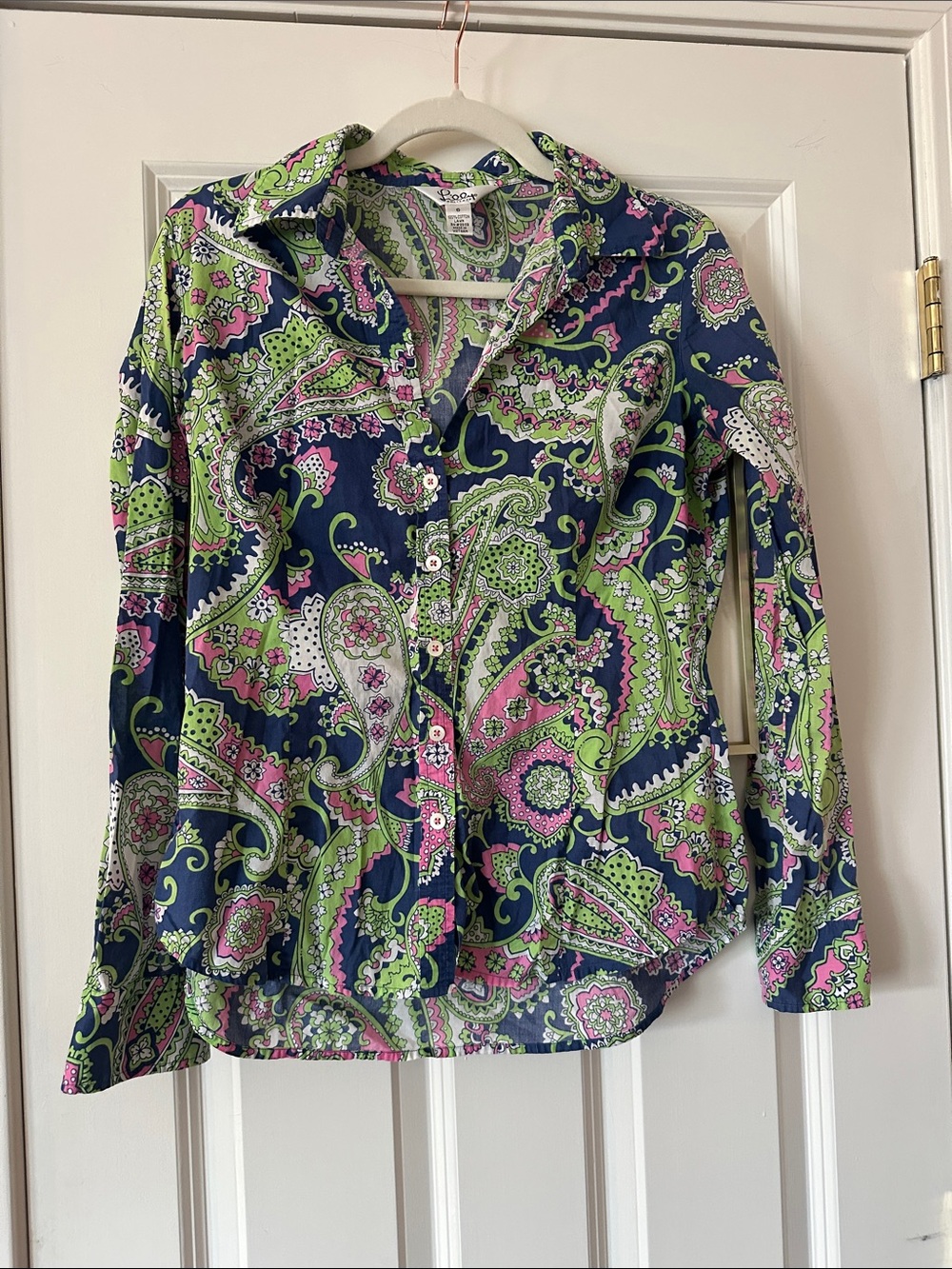 Lilly Pulitzer size 6 Navy Blue, Lime Green & Pink Paisley Button-Down Shirt